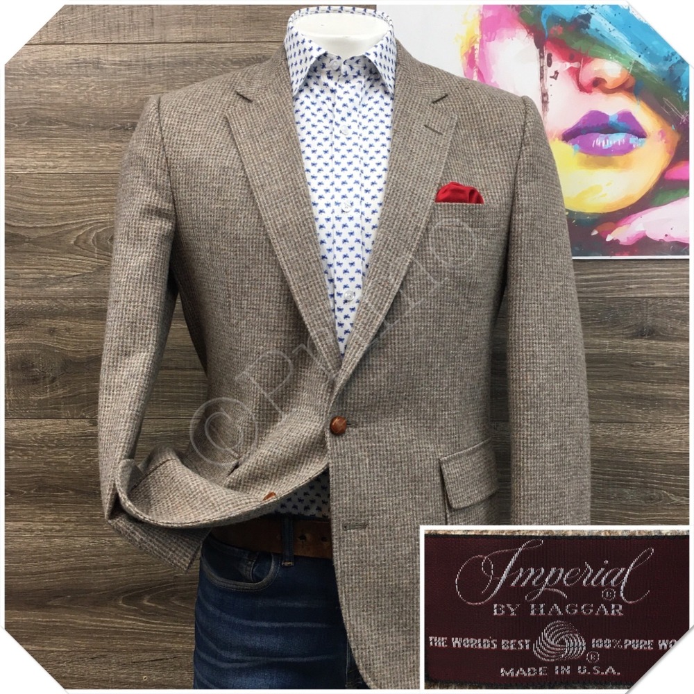 VINTAGE HAGGAR Mens Tweed Wool Blazer Sport Coat Casual Jacket Size 44R Suit